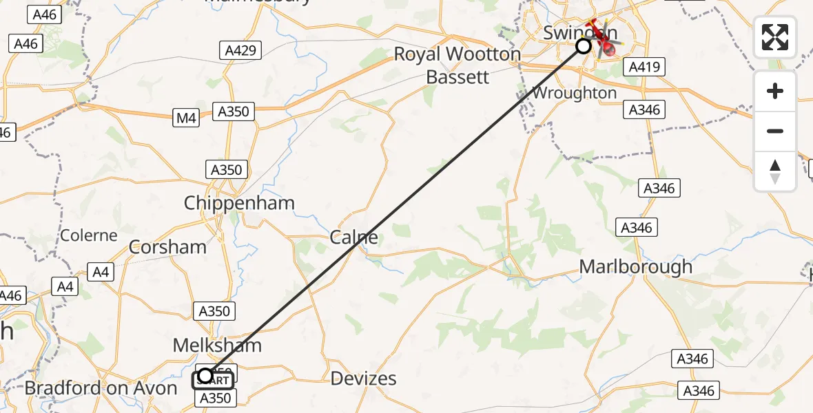 Flight path map showing Air Ambulance Helicopter route from Wiltshire Air Ambulance to Swindon