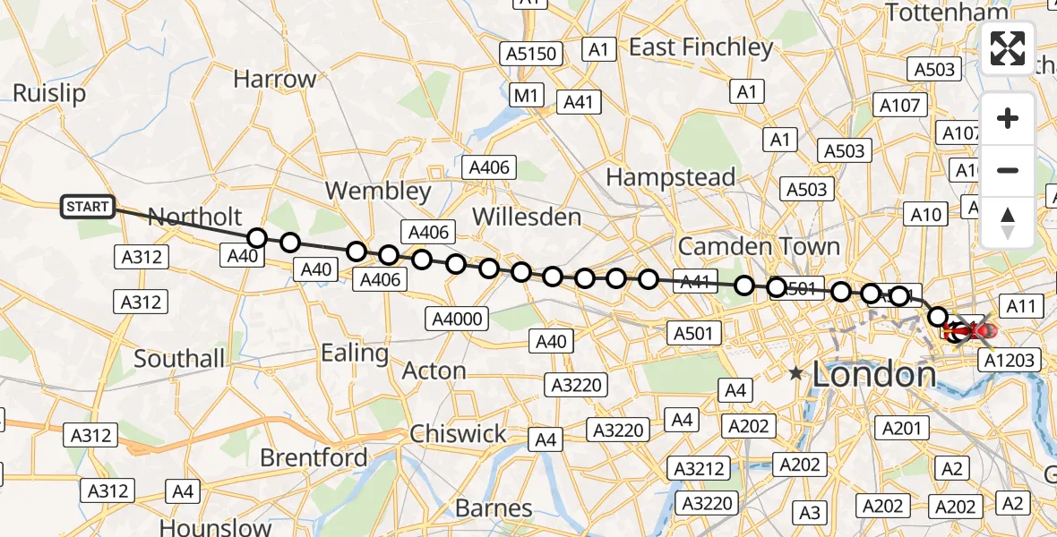 Flight route Air Ambulance Helicopter RAF Northolt - Royal London Hospital, 25 April 2026, 08:18