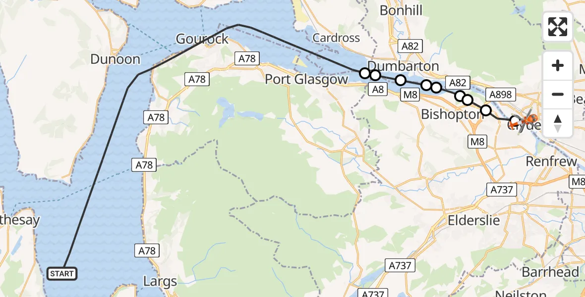 Flight route Coastguard Helicopter Inner Seas - Golden Jubilee Hospital, 25 April 2026, 08:27