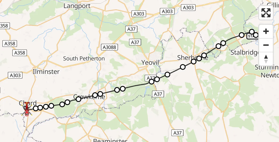Flight path map showing Air Ambulance Helicopter route from Henstridge Airfield to Chard