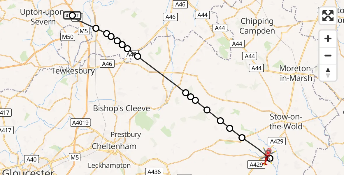 Flight route Air Ambulance Helicopter Hill Croome - Bourton-on-the-Water, 25 April 2026, 08:36