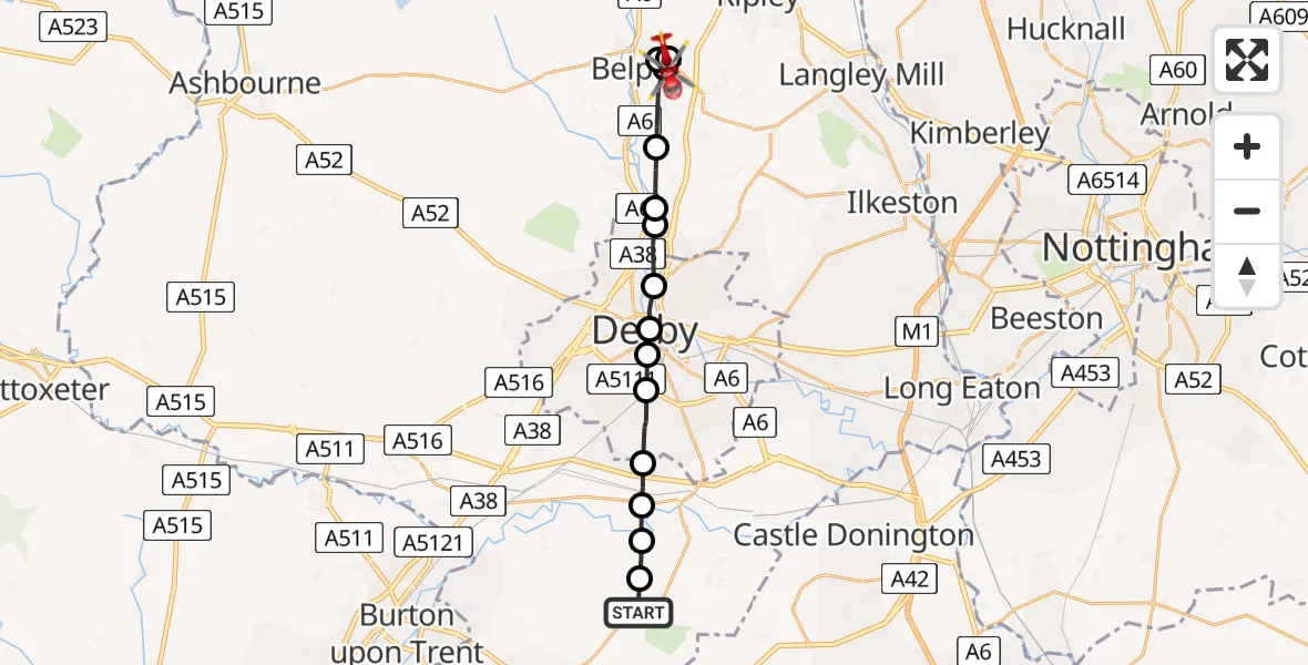 Flight route Air Ambulance Helicopter Ticknall CP - Denby CP, 25 April 2026, 08:42