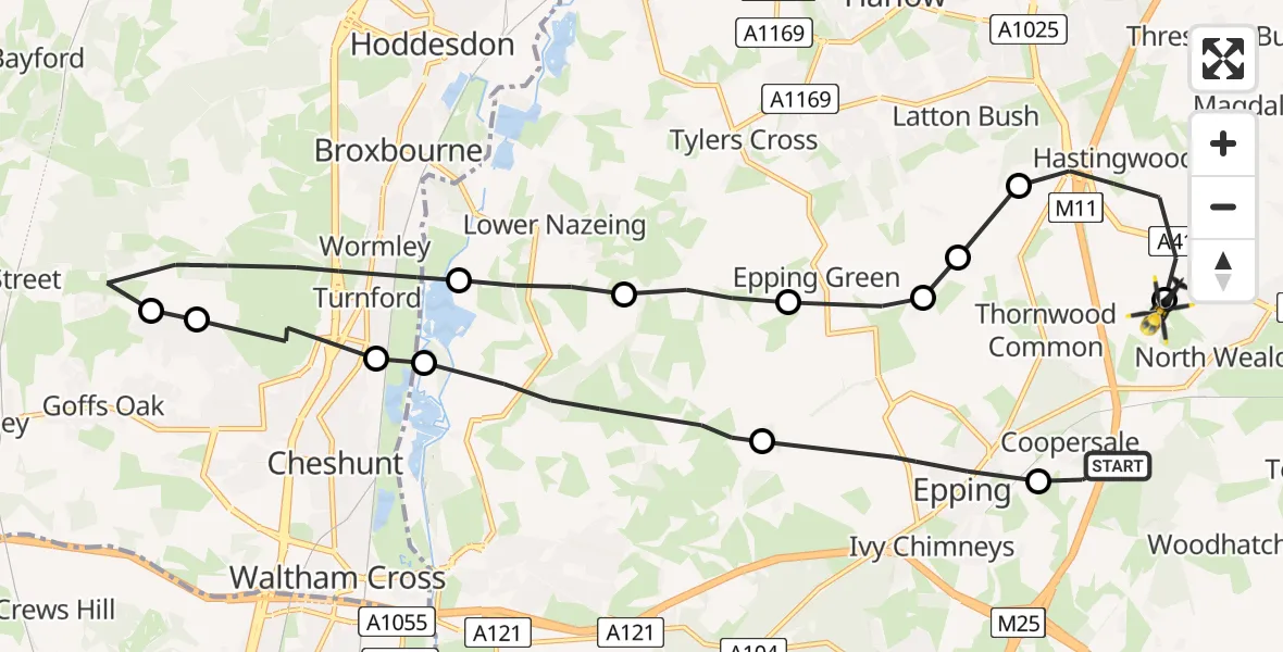 Flight path map showing Police Helicopter route from Coopersale to North Weald Airfield