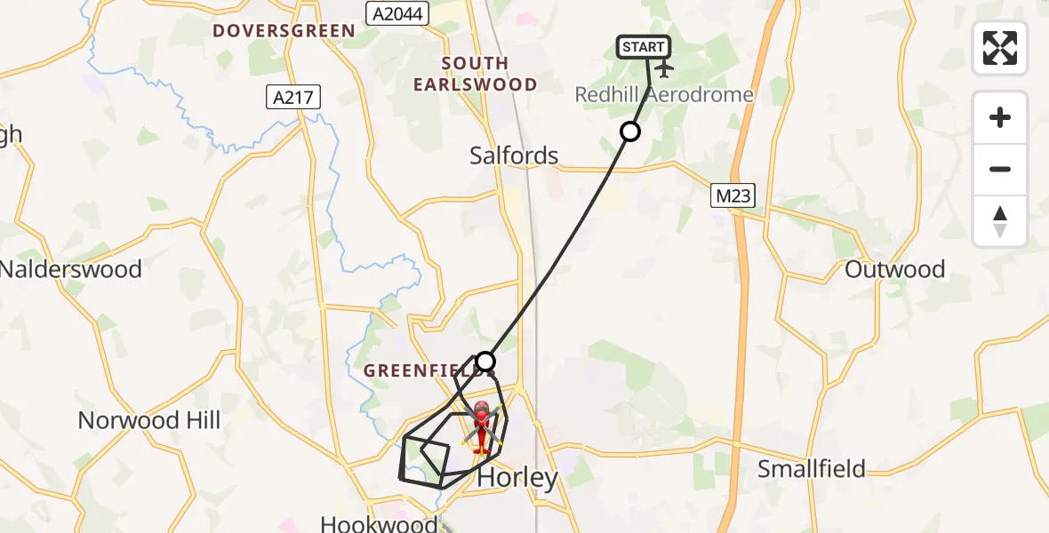 Flight path map showing Air Ambulance Helicopter route from Redhill Aerodrome to Horley