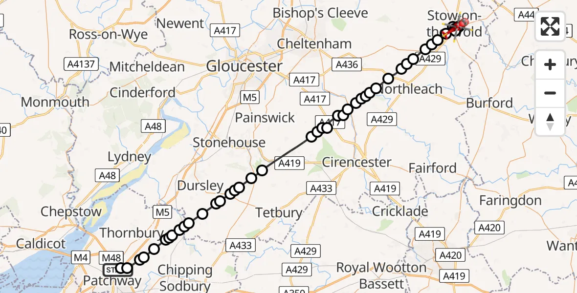Flight path map showing Air Ambulance Helicopter route from Almondsbury Helicopter Base to Stow-on-the-Wold