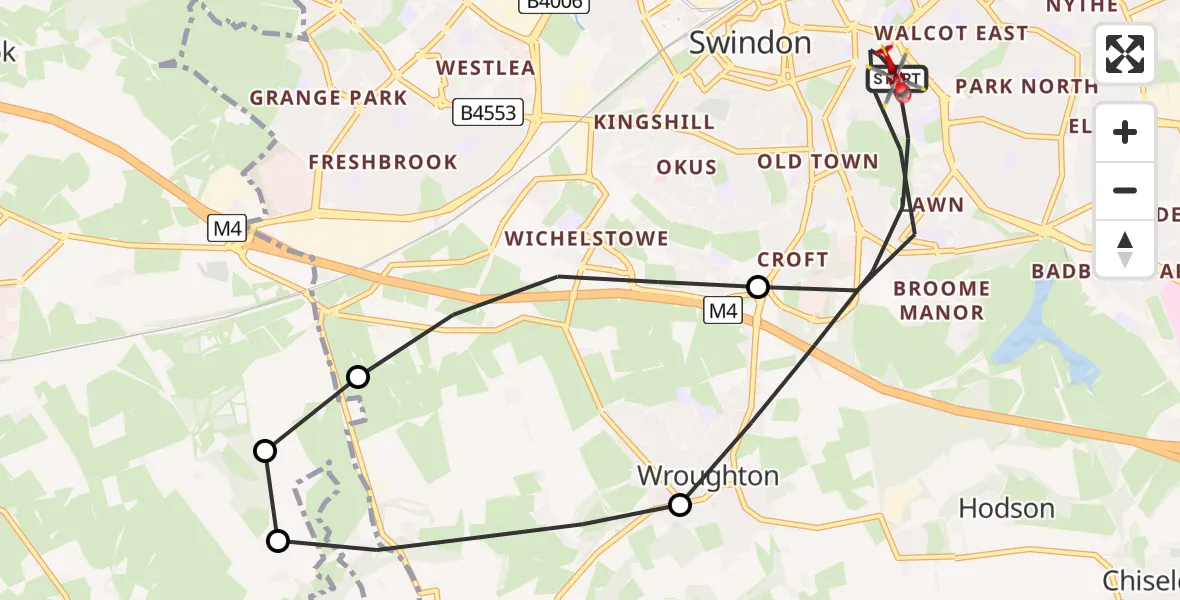 Flight path map showing Air Ambulance Helicopter route from Swindon to Swindon