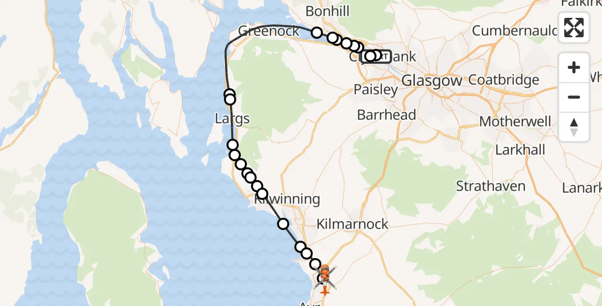 Flight path map showing Coastguard Helicopter route from Golden Jubilee Hospital to Glasgow Prestwick Airport