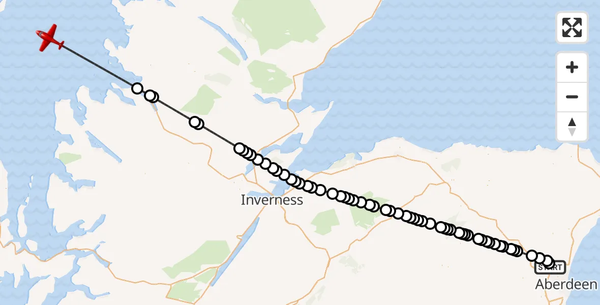 Flight path map showing Air Ambulance Aircraft route from Aberdeen International Airport to Inner Seas