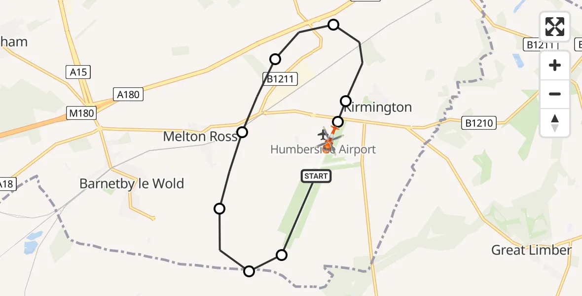 Flight path map showing Coastguard Helicopter route from Humberside Airport to Humberside Airport