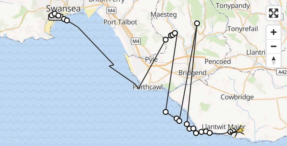 Flight path map showing Police Helicopter route from Brynmill to MOD St Athan