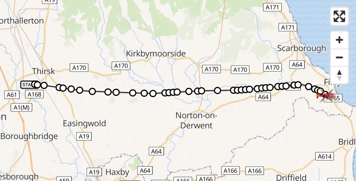 Flight path map showing Air Ambulance Helicopter route from RAF Topcliffe to Hunmanby