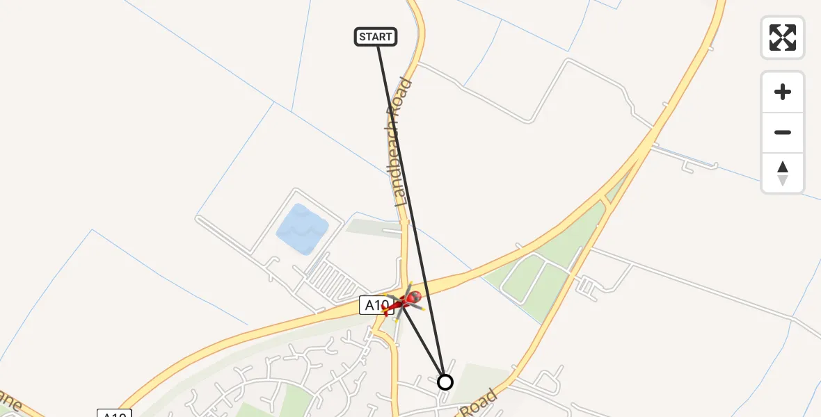 Flight path map showing Air Ambulance Helicopter route from Landbeach to Milton