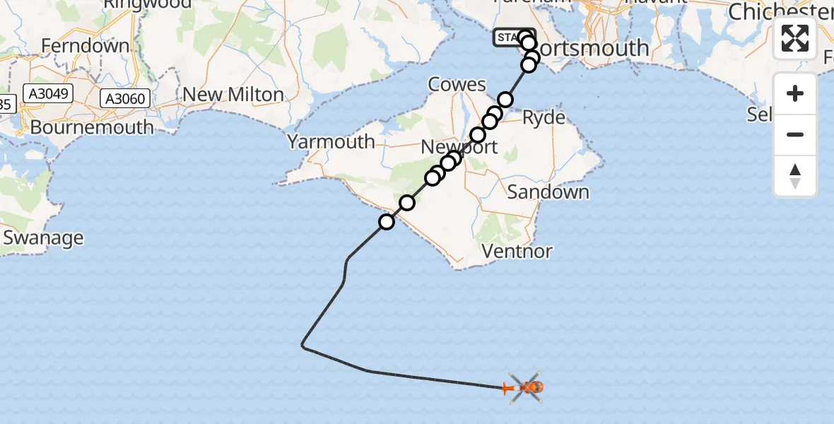 Flight path map showing Coastguard Helicopter route from Solent Airport to English Channel