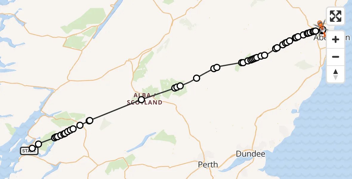 Flight path map showing Coastguard Helicopter route from Connel to Aberdeen International Airport