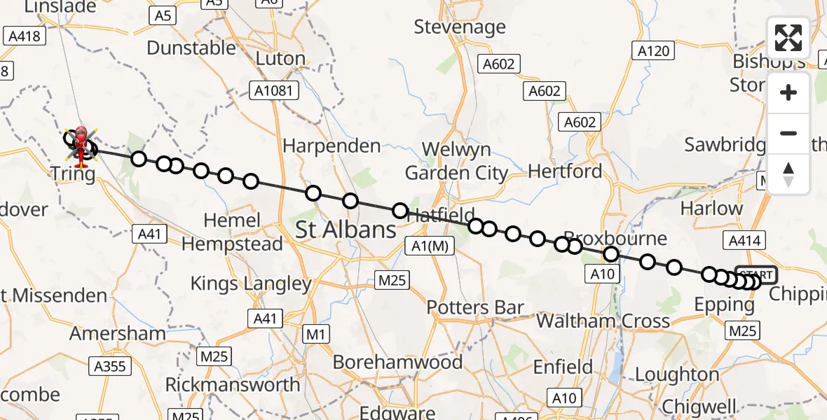Flight path map showing Air Ambulance Helicopter route from North Weald Airfield to Tring