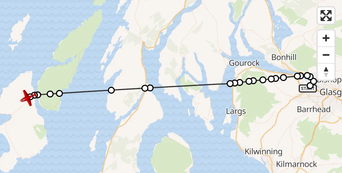 Flight path map showing Air Ambulance Aircraft route from Glasgow Airport to Keills