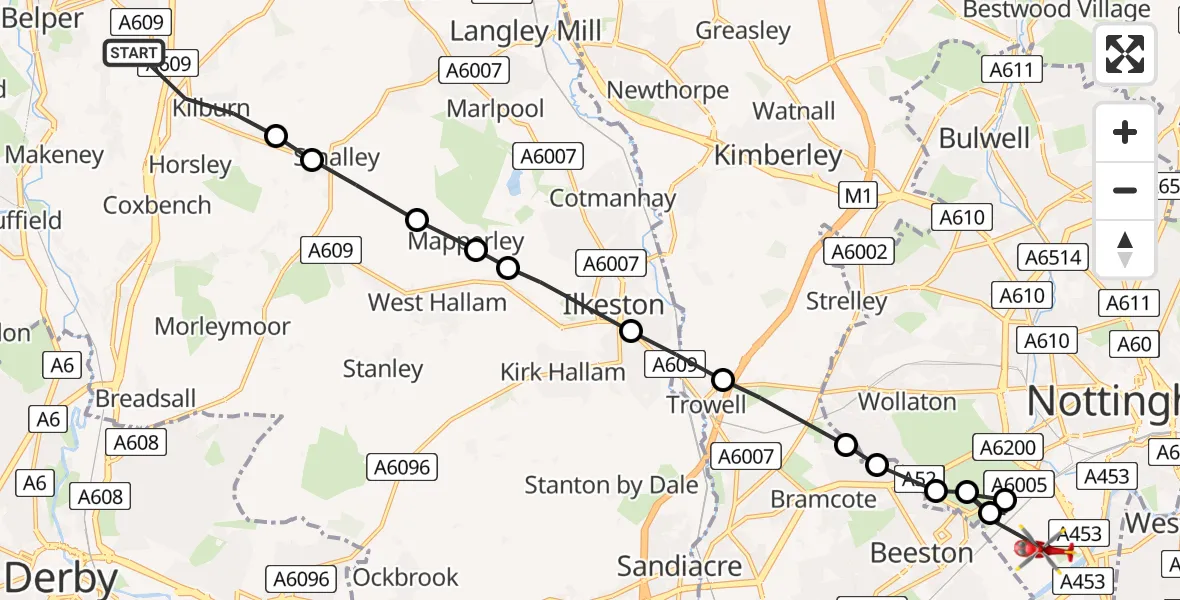 Flight path map showing Air Ambulance Helicopter route from Kilburn CP to Beeston
