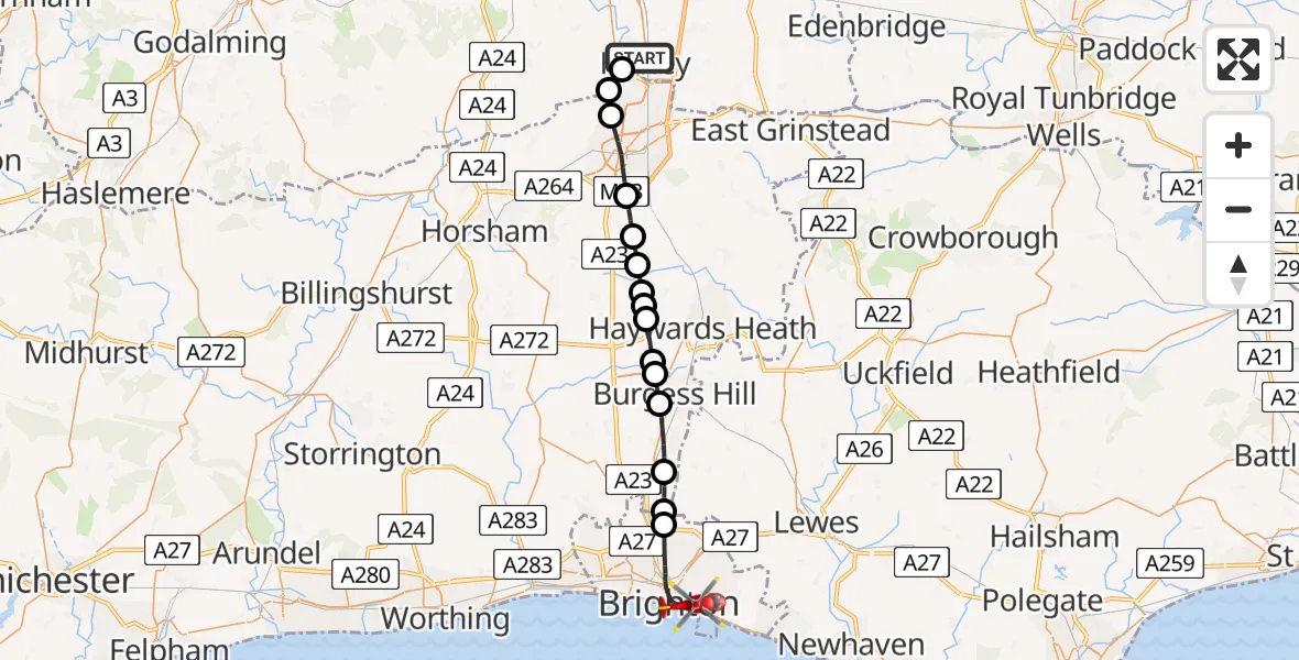 Flight path map showing Air Ambulance Helicopter route from Horley to Brighton