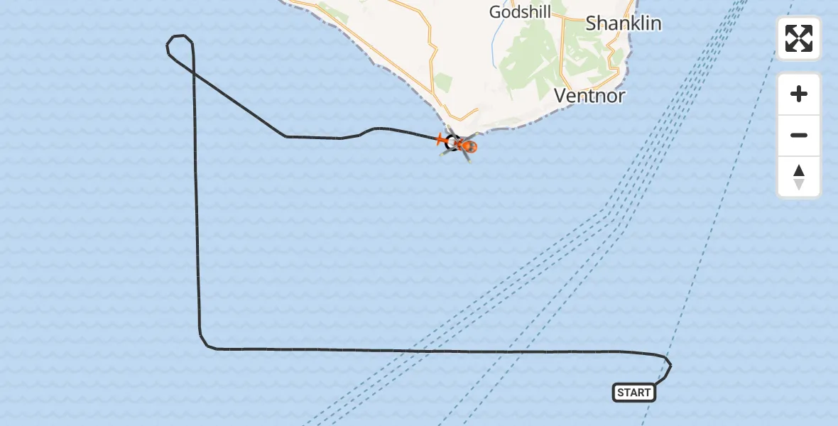 Flight path map showing Coastguard Helicopter route from English Channel to Niton