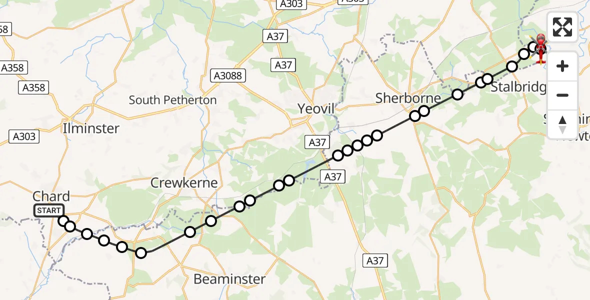 Flight path map showing Air Ambulance Helicopter route from Chard to Kington Magna