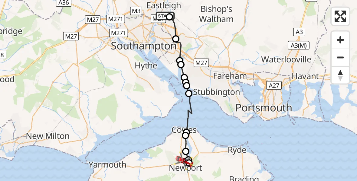 Flight path map showing Air Ambulance Helicopter route from Southampton Airport to Newport