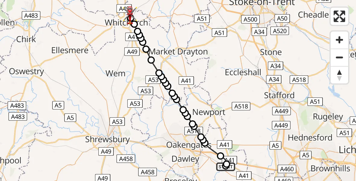 Flight path map showing Air Ambulance Helicopter route from RAF Cosford to Whitchurch