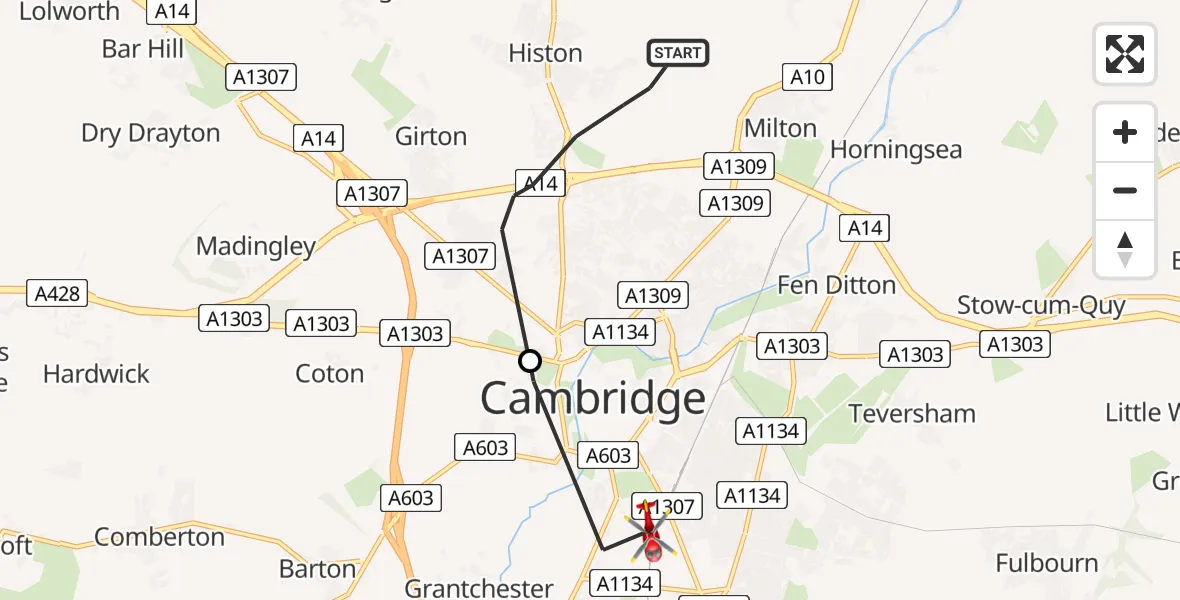 Flight path map showing Air Ambulance Helicopter route from Impington to Cambridge