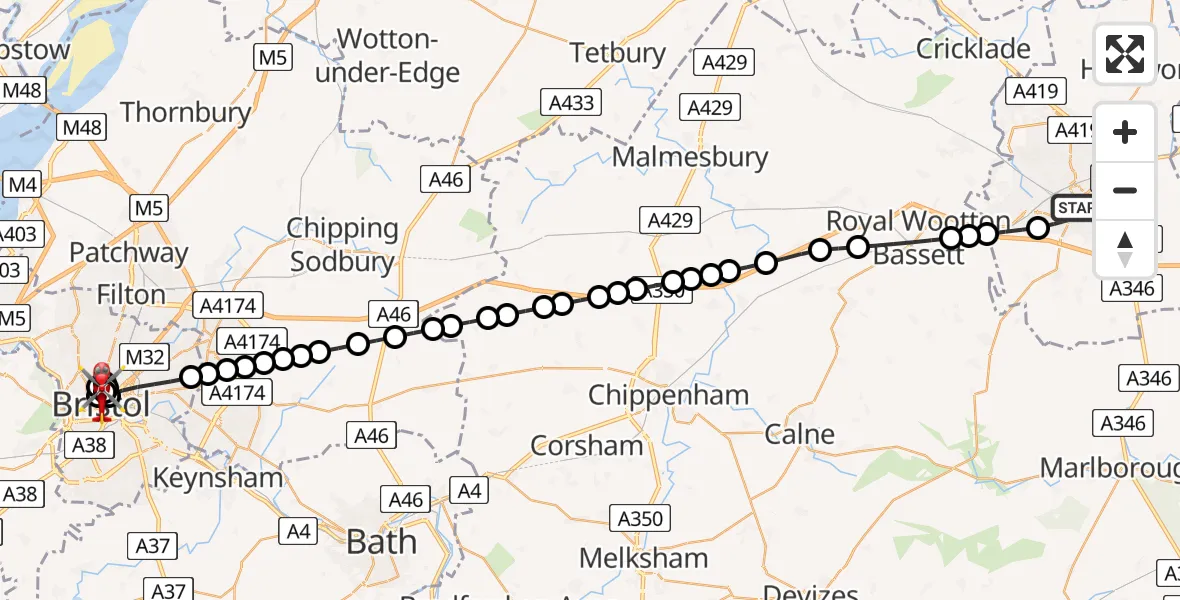 Flight path map showing Air Ambulance Helicopter route from Swindon to Bristol Royal Infirmary