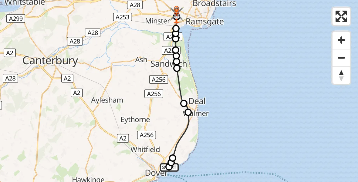 Flight route Coastguard Helicopter Langdon Battery Heliport - Manston Airport, 25 April 2026, 09:48