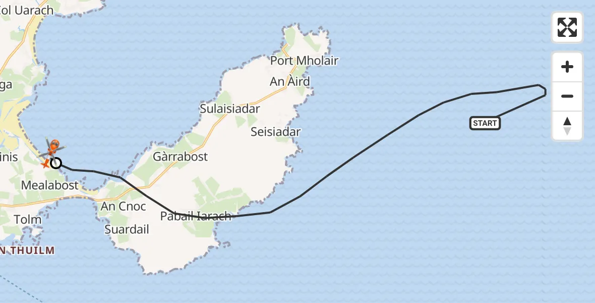 Flight path map showing Coastguard Helicopter route from Inner Seas to Mealabost