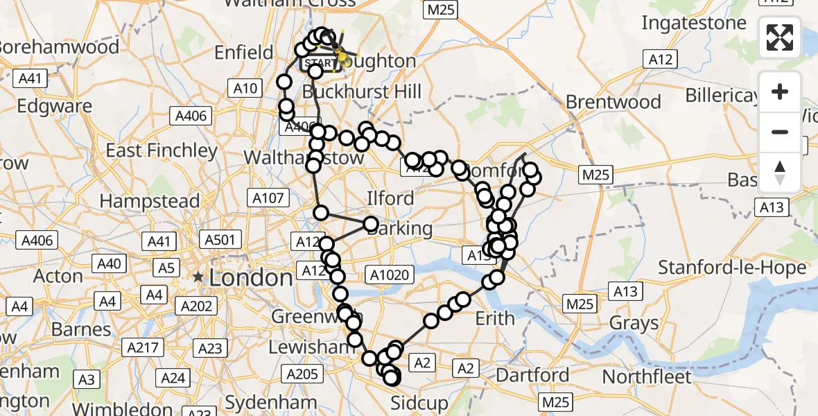 Flight path map showing Police Helicopter route from Sewardstonebury to Metropolitan Police Air Support Unit Lippitts Hill