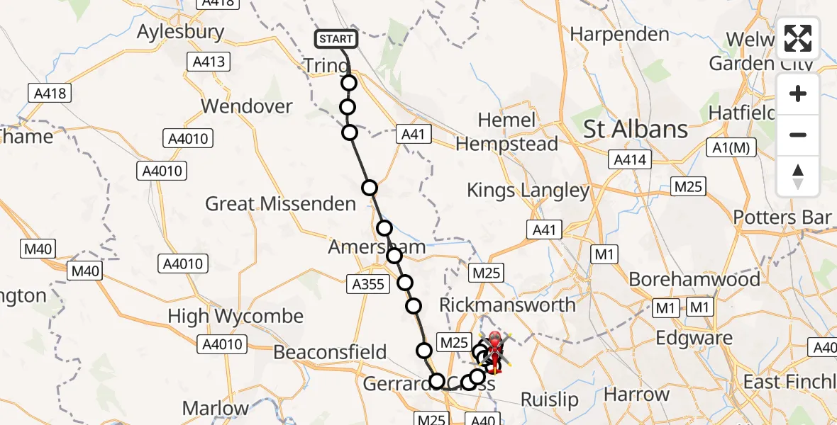 Flight path map showing Air Ambulance Helicopter route from Tring to Harefield Hospital
