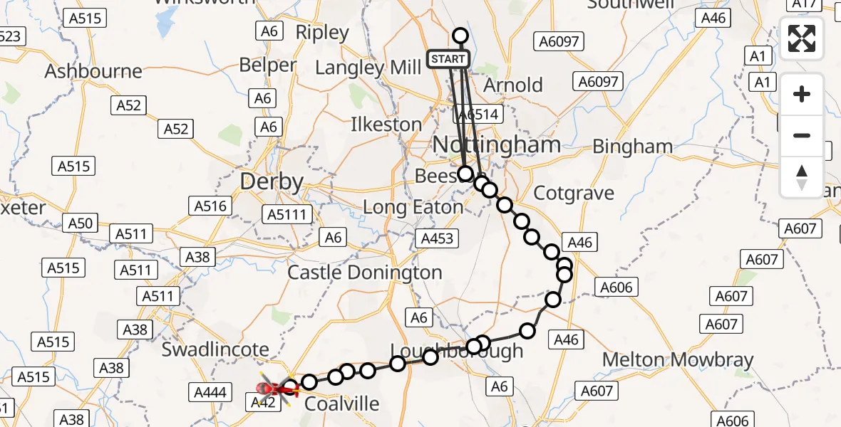 Flight path map showing Air Ambulance Helicopter route from Hucknall to Ashby-de-la-Zouch
