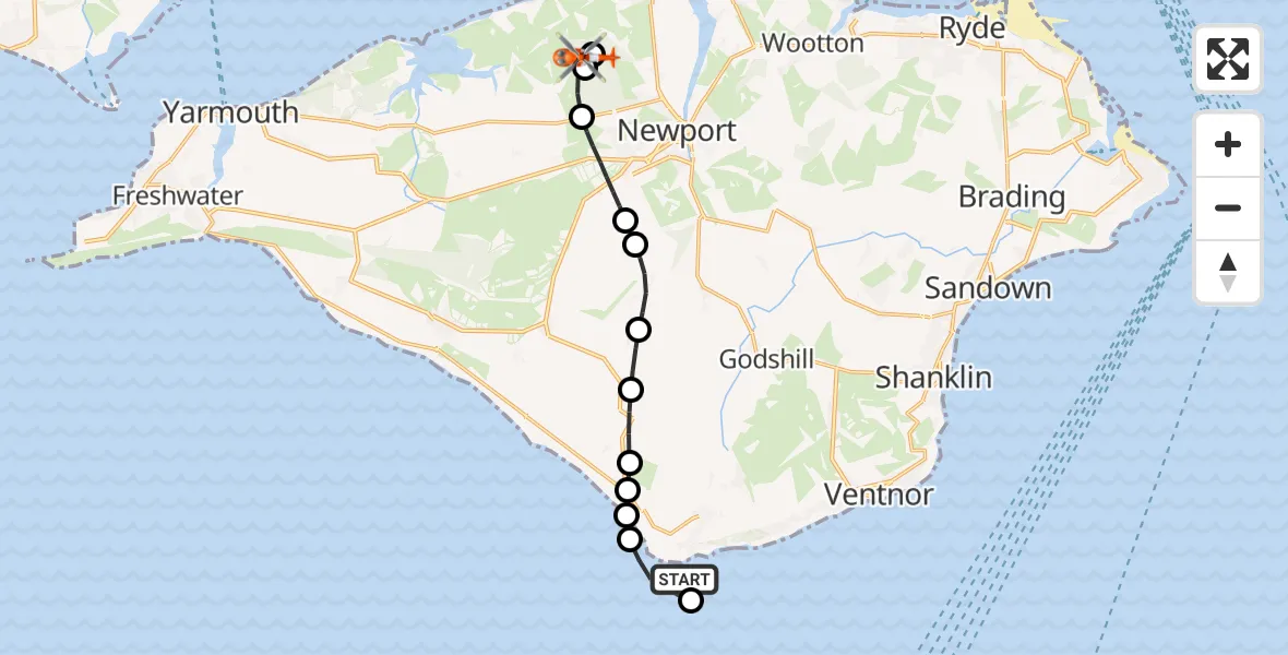 Flight path map showing Coastguard Helicopter route from Niton to Newport