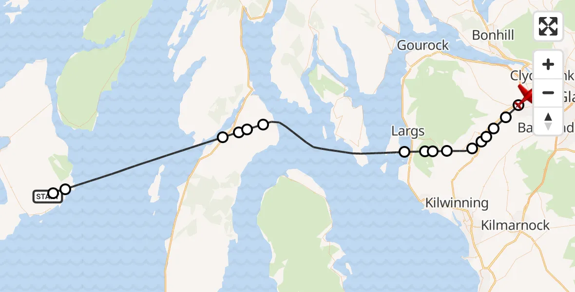 Flight path map showing Air Ambulance Aircraft route from Lagavulin to Linwood