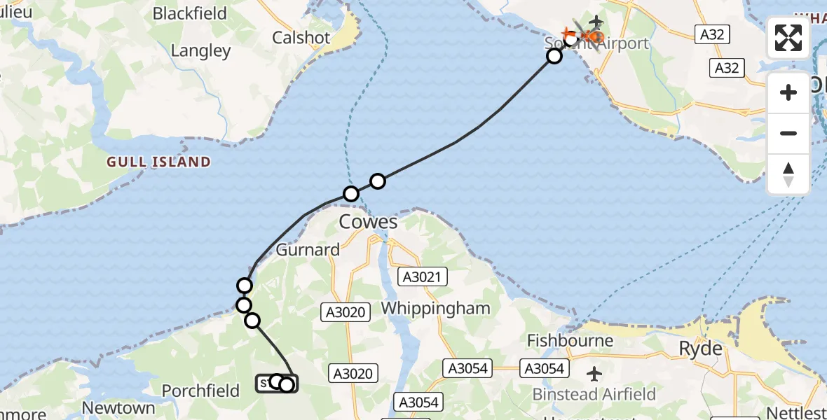 Flight path map showing Coastguard Helicopter route from Northwood to Solent Airport