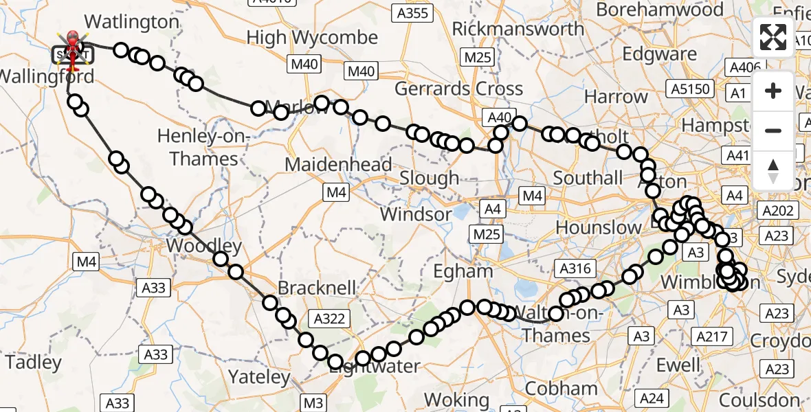 Flight path map showing Air Ambulance Helicopter route from RAF Benson to RAF Benson