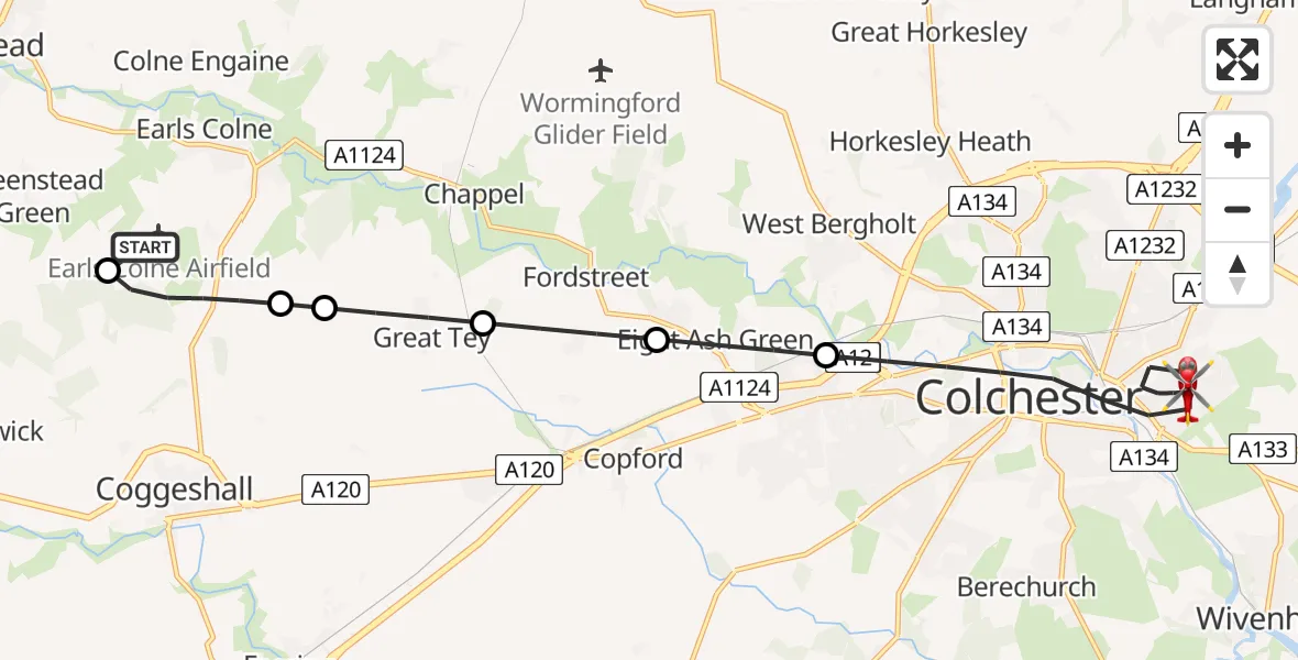 Flight path map showing Air Ambulance Helicopter route from Earls Colne Airfield to Colchester