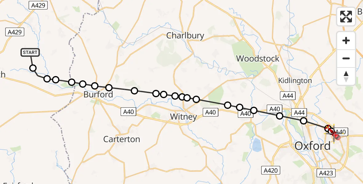 Flight path map showing Air Ambulance Helicopter route from Cotswold to Oxford