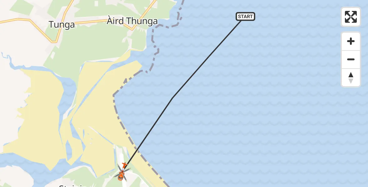 Flight path map showing Coastguard Helicopter route from Àird Thunga to Stornoway Airport