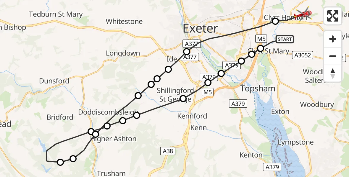 Flight path map showing Air Ambulance Helicopter route from Clyst St Mary to Exeter International Airport