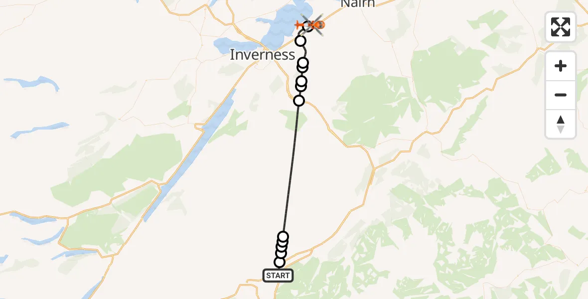 Flight path map showing Coastguard Helicopter route from Fernisdale to Inverness Airport