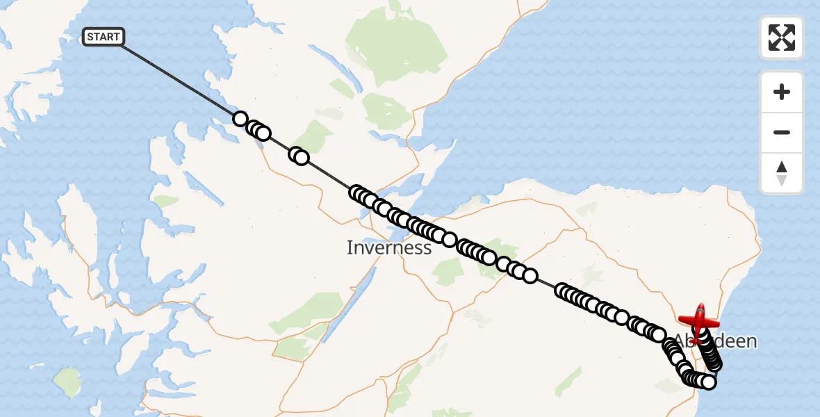 Flight path map showing Air Ambulance Aircraft route from Inner Seas to Aberdeen International Airport