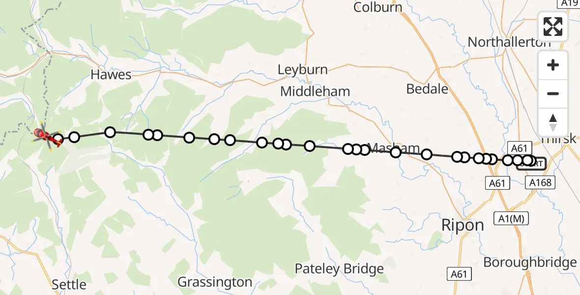 Flight path map showing Air Ambulance Helicopter route from RAF Topcliffe to Ingleton