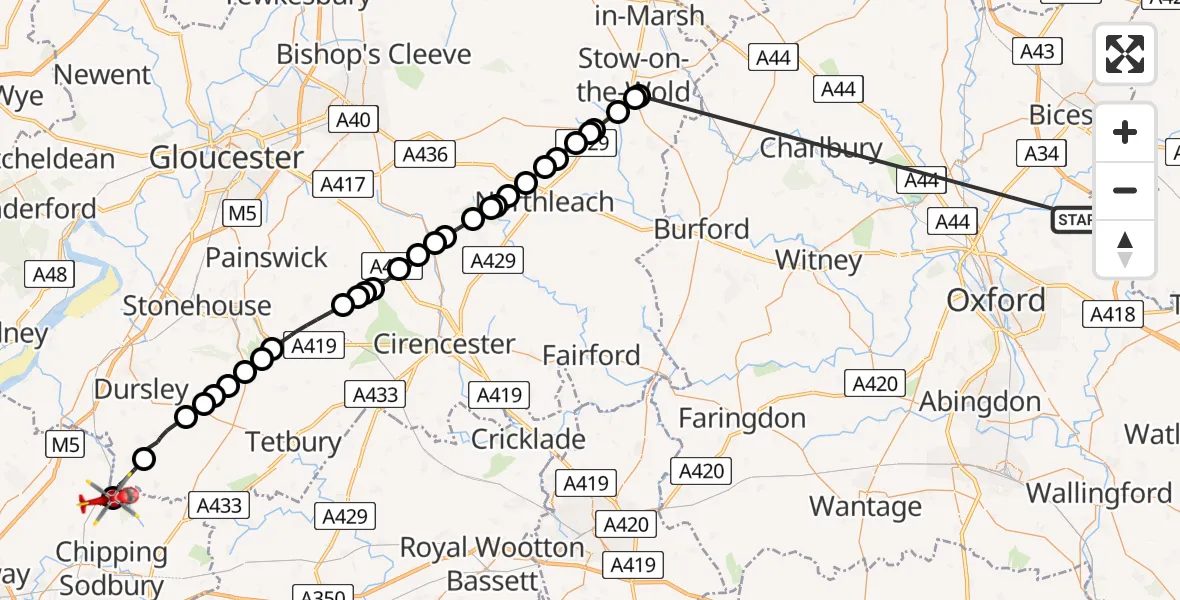 Flight path map showing Air Ambulance Helicopter route from Horton-cum-Studley to Wickwar