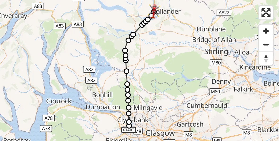 Flight path map showing Air Ambulance Helicopter route from Glasgow Airport to A' Chìoch