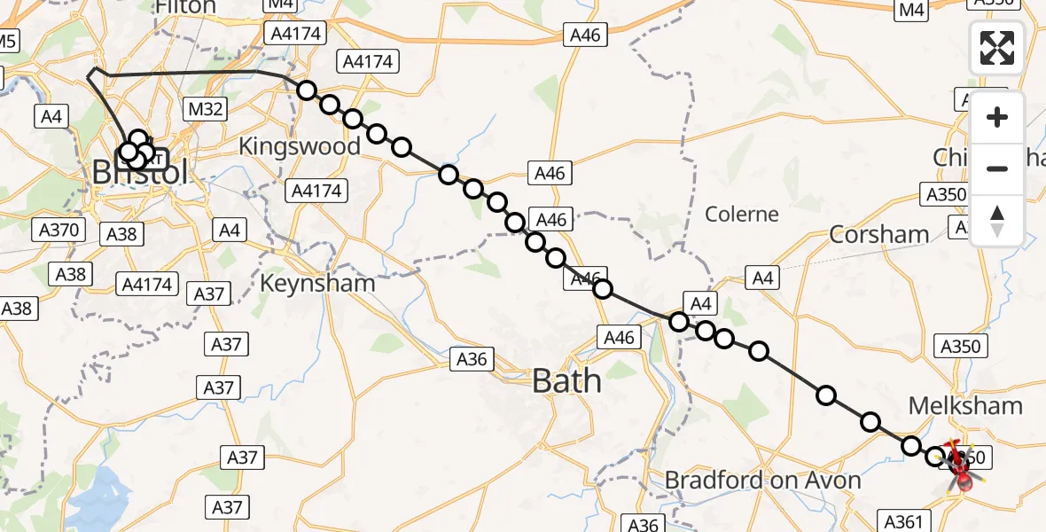 Flight path map showing Air Ambulance Helicopter route from Bristol Royal Infirmary to Wiltshire Air Ambulance