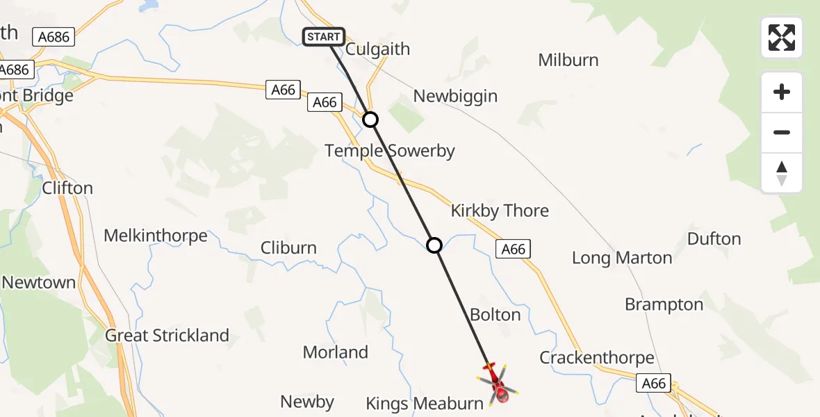 Flight path map showing Air Ambulance Helicopter route from Culgaith to Bolton
