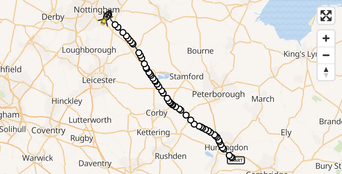 Flight path map showing Police Helicopter route from Hilton to Nottingham City Airport