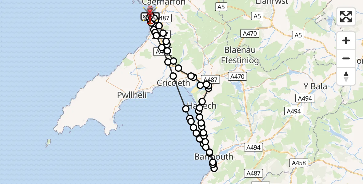 Flight path map showing Air Ambulance Helicopter route from Caernarfon Airport to Caernarfon Airport
